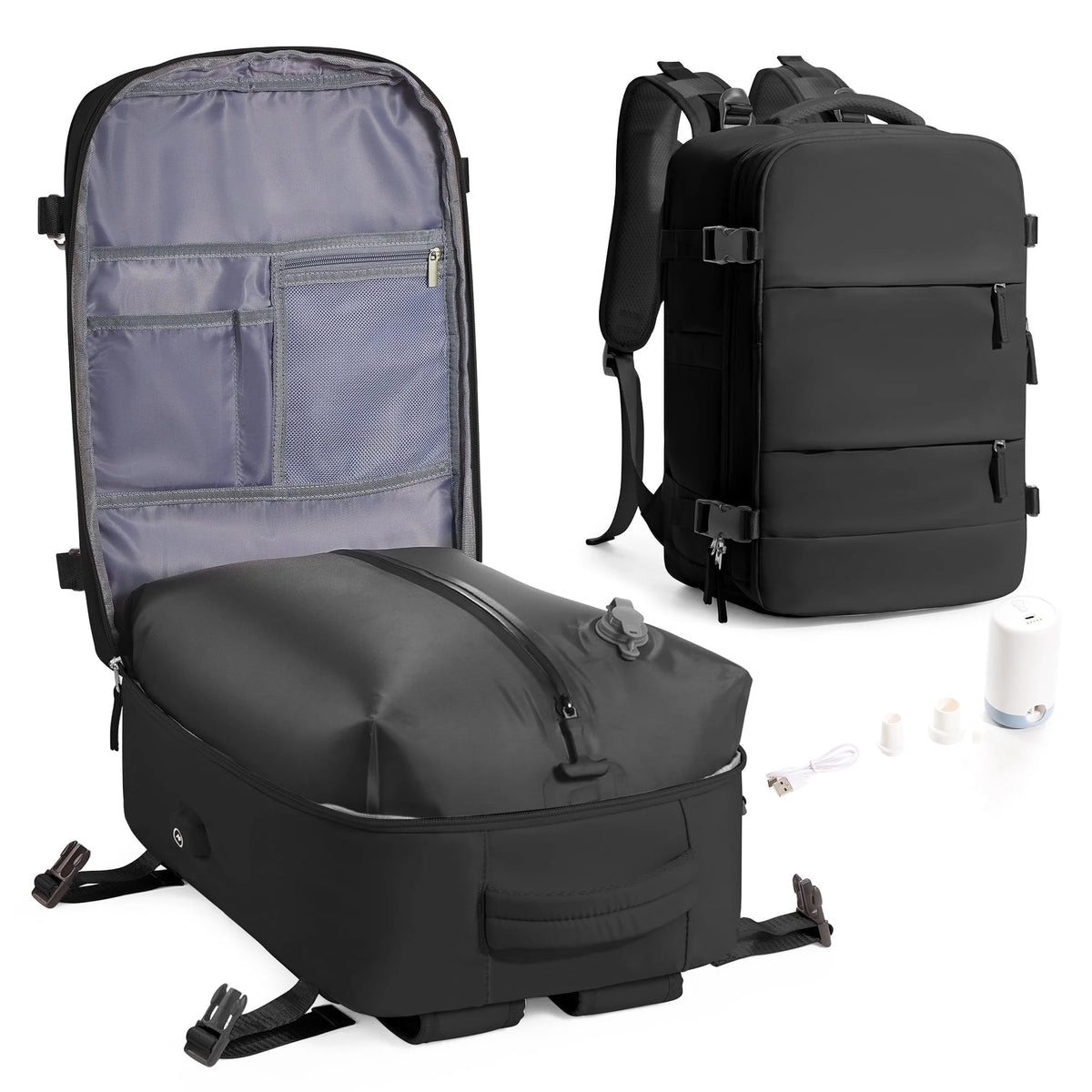 Vacuum Backpack for Travel, Vacuum Seal Carry on Backpack with Vacuum Compression, Vacuum Travel Backpack with Pump for Women Men Airline Approved Air Backpack Vacpack for Work College Daypack Black