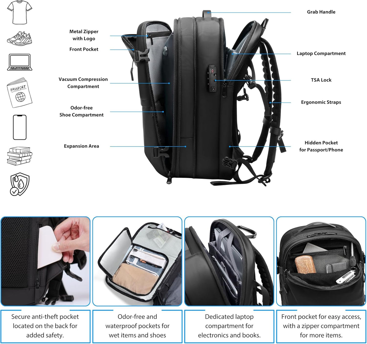 60L Expandable Vacuum Backpack with TSA Lock and USB Charging Port - Waterproof Travel Companion