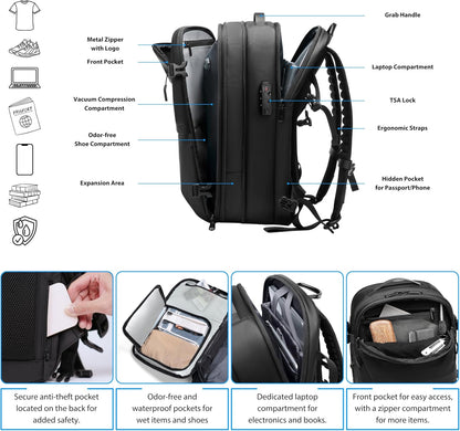 60L Expandable Vacuum Backpack with TSA Lock and USB Charging Port - Waterproof Travel Companion