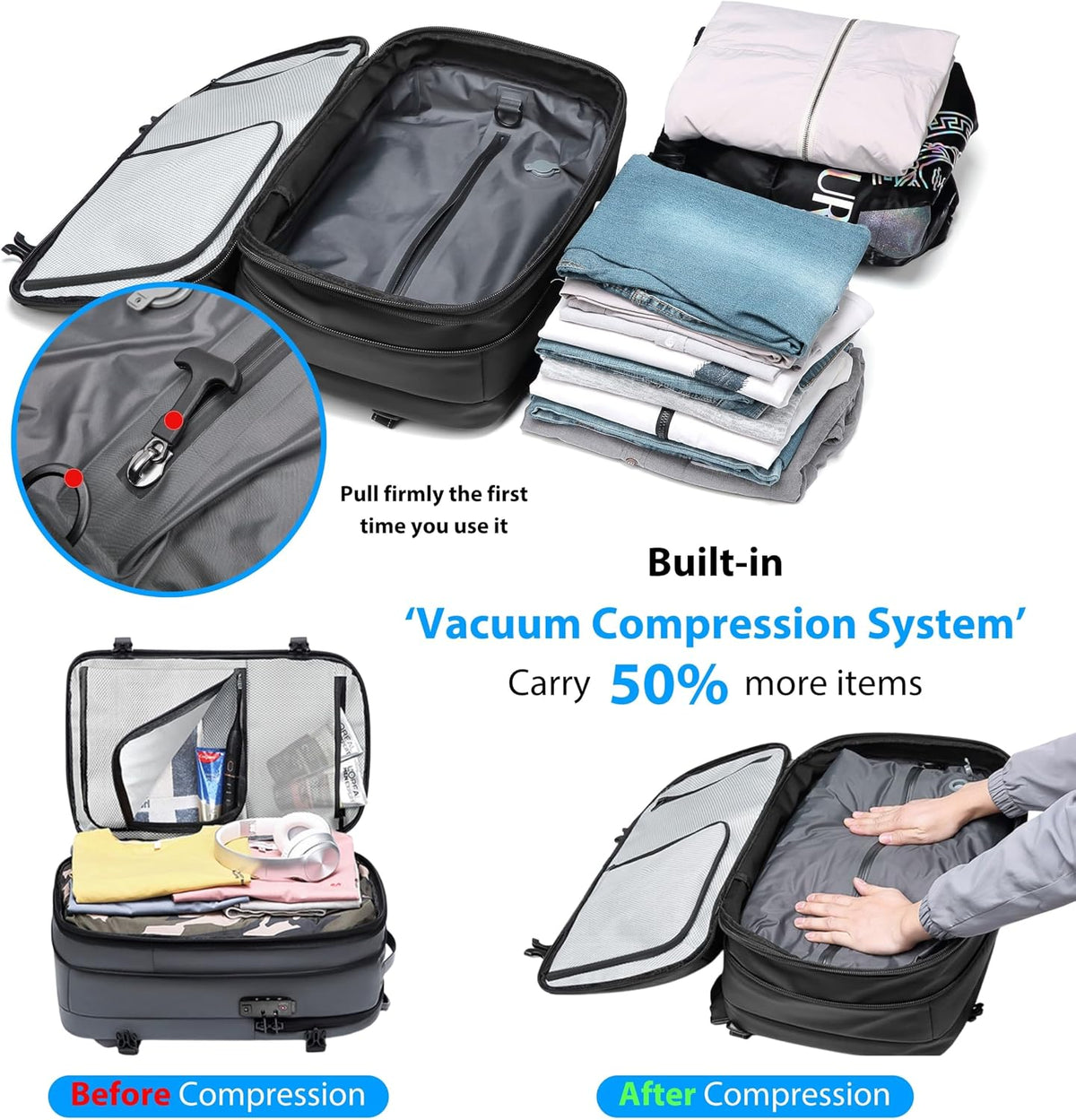60L Expandable Vacuum Backpack with TSA Lock and USB Charging Port - Waterproof Travel Companion