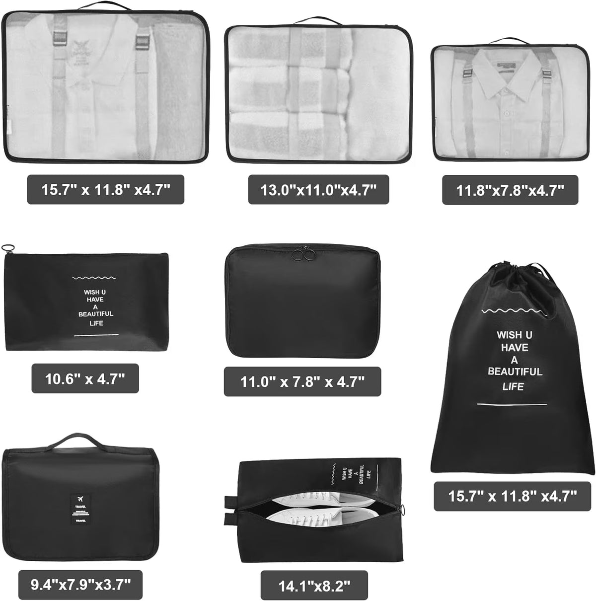 Ultimate 9-Piece Packing Cube Set - Travel Organizers with Large Toiletries Bag for Effortless Packing in Black