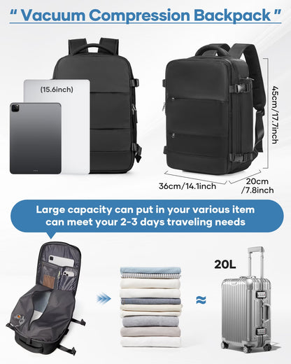 Vacuum Backpack for Travel, Vacuum Seal Carry on Backpack with Vacuum Compression, Vacuum Travel Backpack with Pump for Women Men Airline Approved Air Backpack Vacpack for Work College Daypack Black