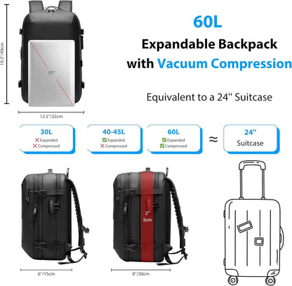 60L Expandable Vacuum Backpack with TSA Lock and USB Charging Port - Waterproof Travel Companion